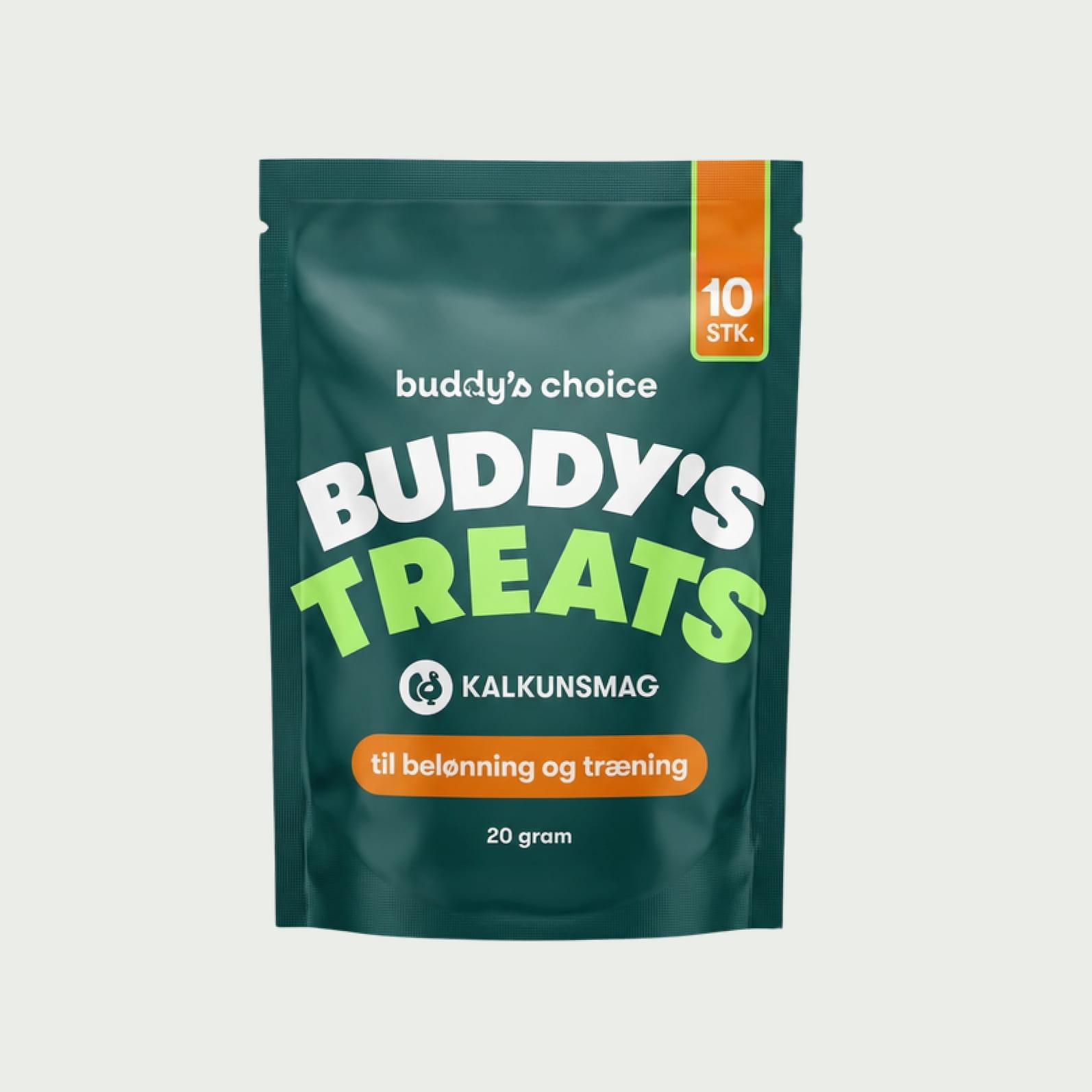 Pose med Buddy's Treats godbidder med kalkunsmag i 10 små portioner