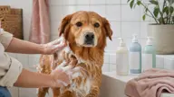 Golden retriever vaskes med skum ved siden af tre neutrale shampooflasker