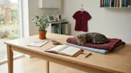 Kat sover på et tæppe ved siden af en åben notesbog i en klinik