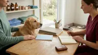 Hundeejer og dyrlæge taler sammen ved bordet med en golden retriever