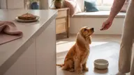 Hund får en egnet godbid mens leverpostej står på køkkenbordet