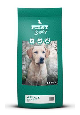 Pose med First Buddy Adult hundefoder med and og kanin