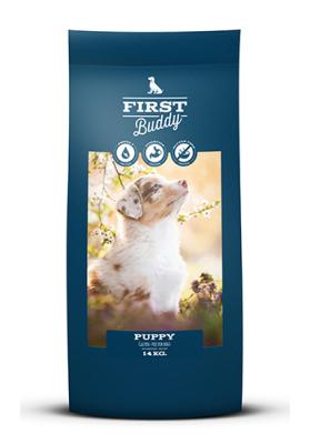 Blå pose med First Buddy Puppy glutenfri hvalpefoder på 14 kilo
