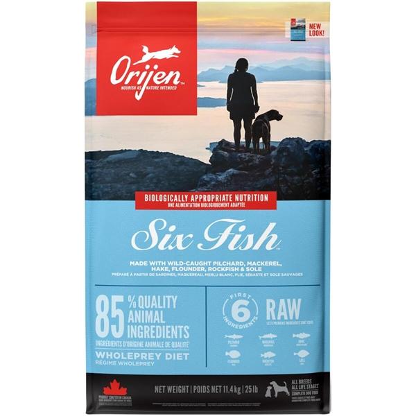 Pose med Orijen Six Fish kornfrit hundefoder på 11,4 kilo