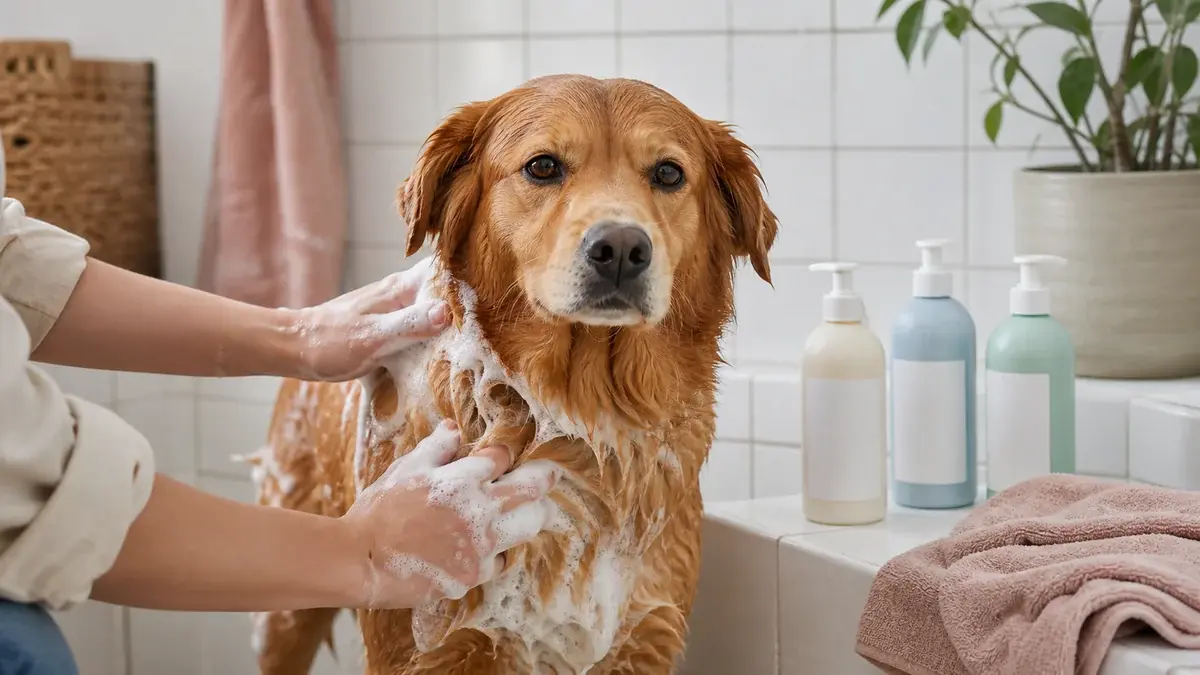 Golden retriever vaskes med skum ved siden af tre neutrale shampooflasker