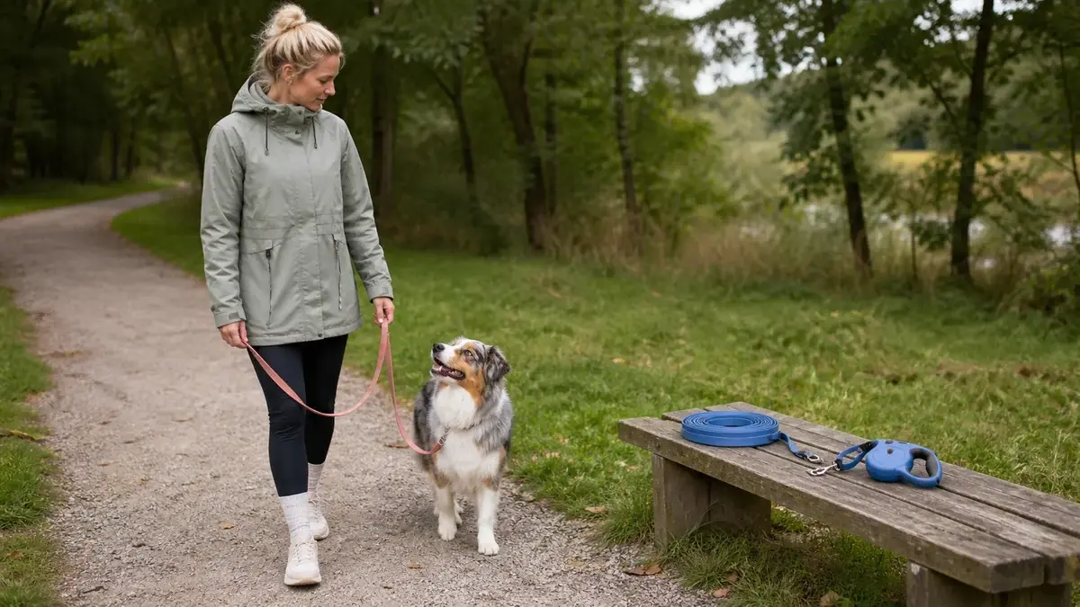 Hund luftes i fast line ved en bænk med to andre snore
