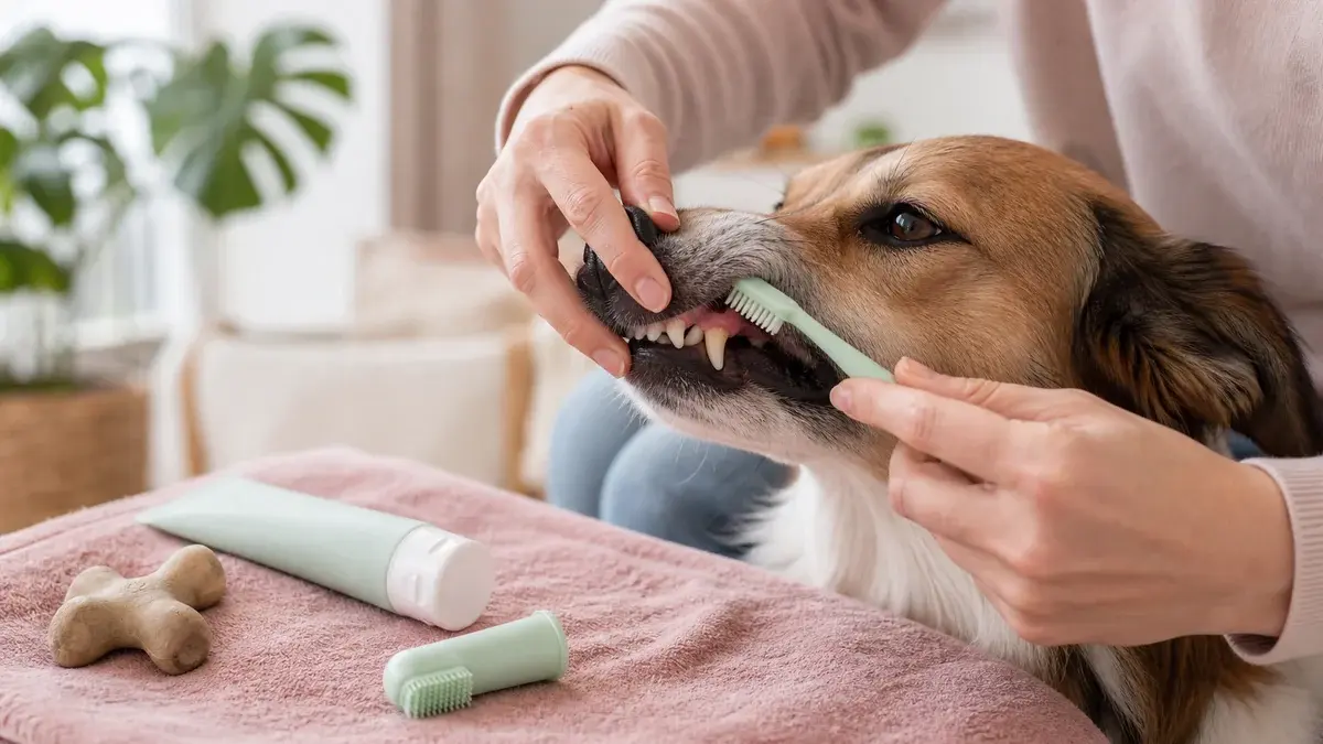 Hund får forsigtigt børstet tænder med en lille tandbørste