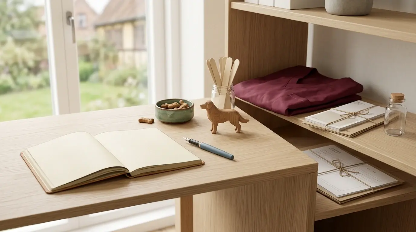 Skrivebord med notesbog, hundefigur og godbidder ved vinduet