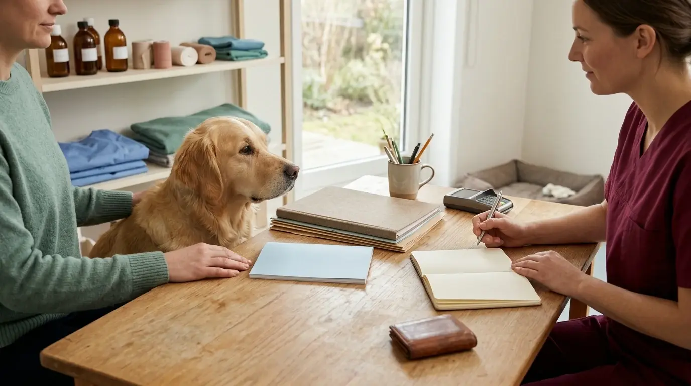 Hundeejer og dyrlæge taler sammen ved bordet med en golden retriever