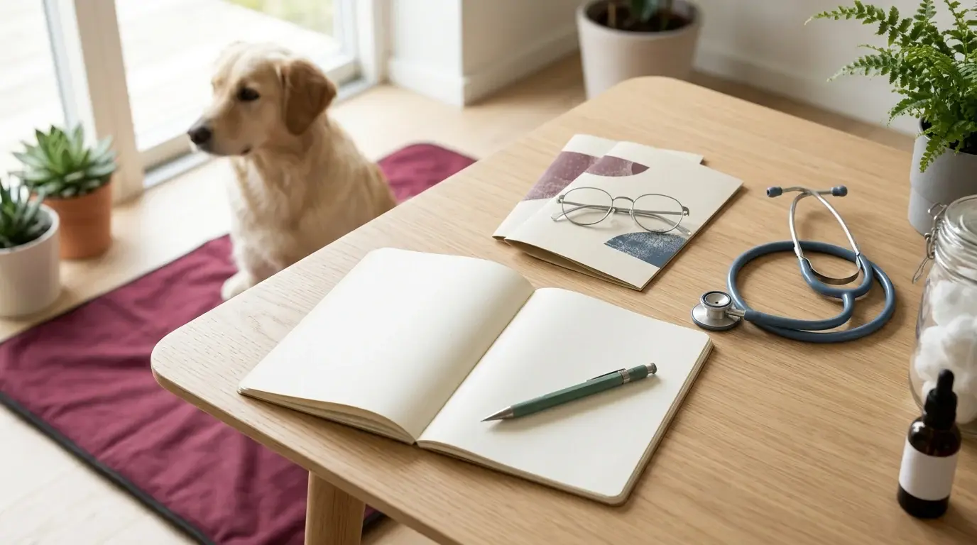 Hund sidder ved siden af et bord med notesbog og stetoskop