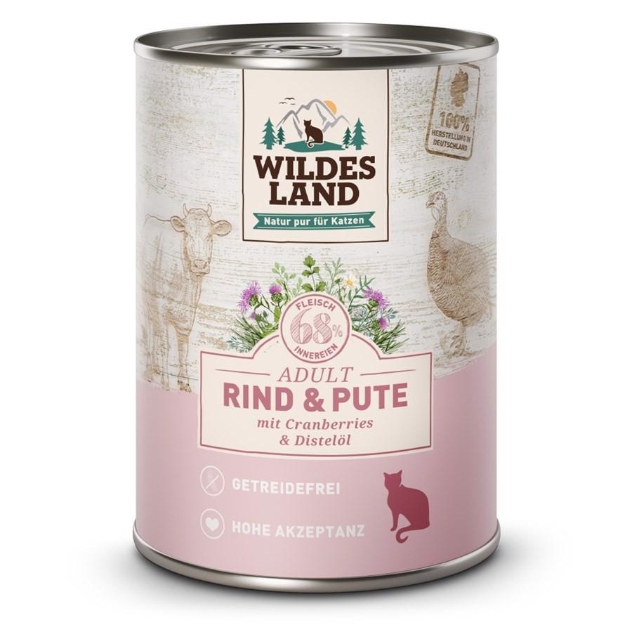 Dåse med Wildes Land Cat Beef & Turkey vådfoder til kat, 400 gram